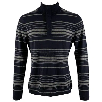 Pre-owned Elie Tahari Size M Navy Grey Stripe Merino Wool Long Sleeve Pullover In Gray