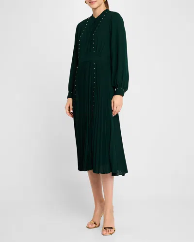 Elie Tahari The Alania Pleated Bead-embellished Midi Dress In Juniper