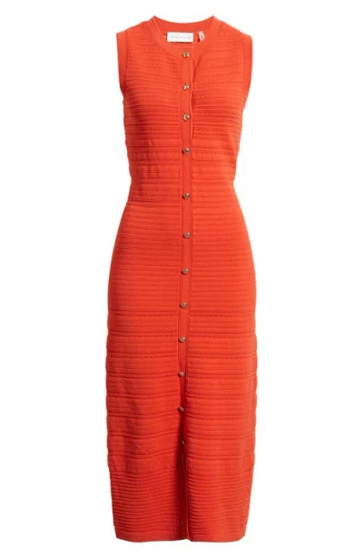 Elie Tahari The Alessandra Sleeveless Button Front Knit Midi Dress In Orange