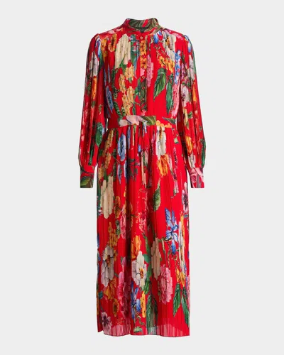 Elie Tahari The Almada Pleated Floral-print Midi Dress In Orange