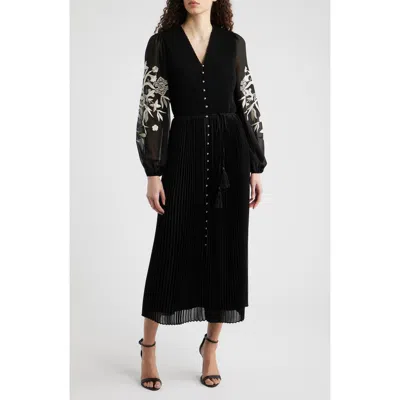 Elie Tahari The Amanda Embroidered Long Sleeve Satin Dress In Black
