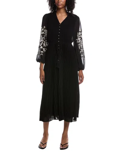 Elie Tahari The Amanda Embroidered Long Sleeve Satin Dress In Black