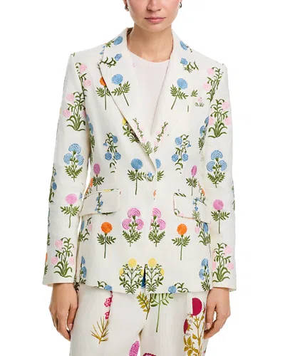 Elie Tahari The Amelia Floral Embroidery Linen Blend Blazer In Brown