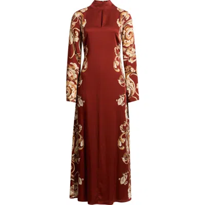 Elie Tahari The Analeia Paisley Detail Long Sleeve Silk Blend Midi Dress In Brown