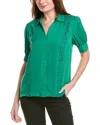 Elie Tahari The Aram Floral Embroidered Short Sleeve Silk Button-up Shirt In Green