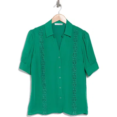 Elie Tahari The Aram Floral Embroidered Short Sleeve Silk Button-up Shirt In Green