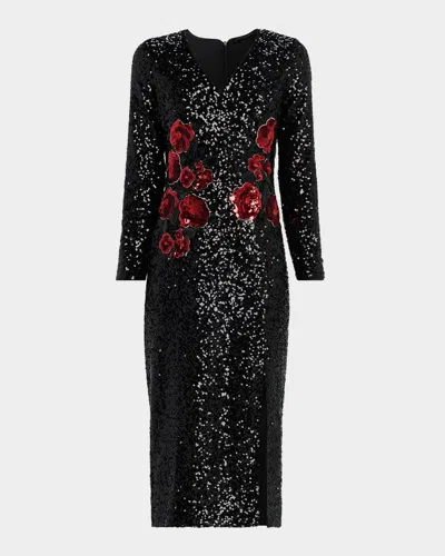 ELIE TAHARI THE AURORA SEQUINED FLORAL MIDI DRESS