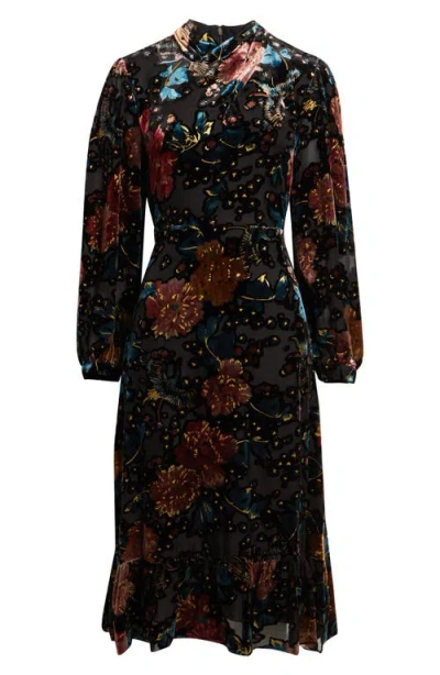 Elie Tahari The Becca Long Sleeve Floral Velvet Burnout Midi Dress In Black