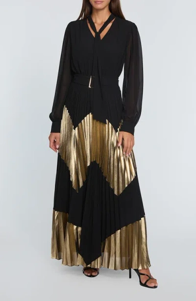 Elie Tahari The Carrie Gilded Pleated Long Sleeve Maxi Dress In Noir And Gold