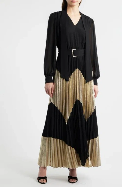 Elie Tahari The Carrie Pleated Chevron Long Sleeve Maxi Dress