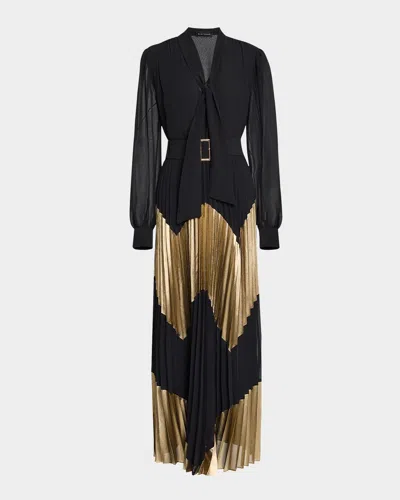 Elie Tahari The Carrie Pleated Metallic Chevron Gown In Noir And Gold