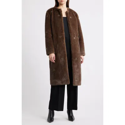 Elie Tahari The Celeste Crystal Flower Faux Fur Coat In Brown