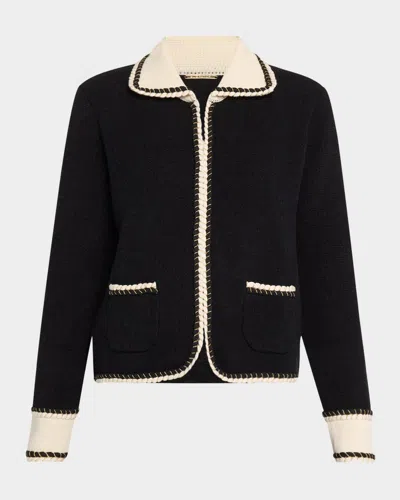 Elie Tahari The Chantria Contrast-trim Cardigan Jacket In Noir With Sky White