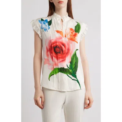 Elie Tahari The Chloe Ruffle Floral Stretch Silk Button-up Shirt In Spring Memory