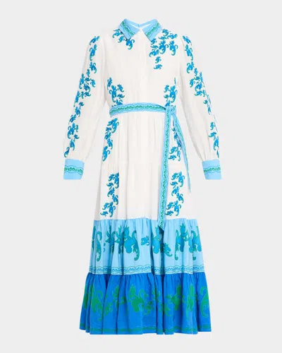 Elie Tahari The Cleo Embroidered Colorblock Midi Shirtdress