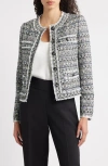 Elie Tahari The Dakota Fringe Trim Tweed Jacket In Gray