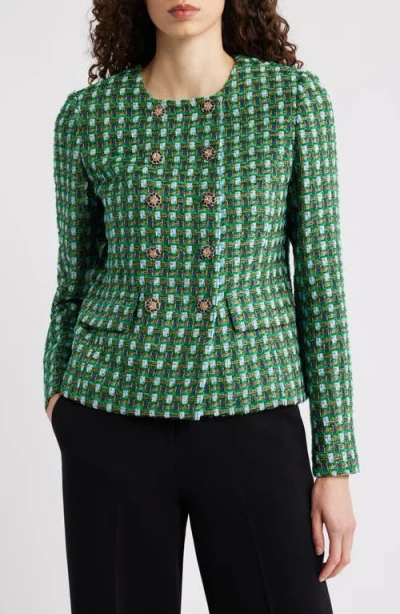 Elie Tahari The Eleni Double Breasted Tweed Blazer In Green