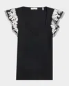 Elie Tahari The Emily Embroidered Flutter-sleeve Sweater In Noir/sky White