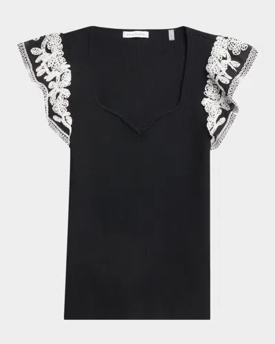 Elie Tahari The Emily Embroidered Flutter-sleeve Sweater In Noir/sky White