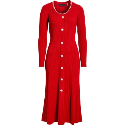 Elie Tahari The Emmie Rhinestone Detail Long Sleeve Knit Dress In Red