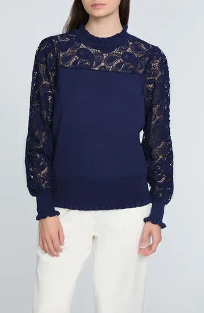 Elie Tahari The Felicity Floral Lace Detail Sweater In Blue