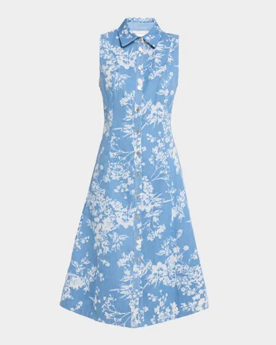 Elie Tahari The Gabby Sleeveless Floral Denim Midi Dress In Blue