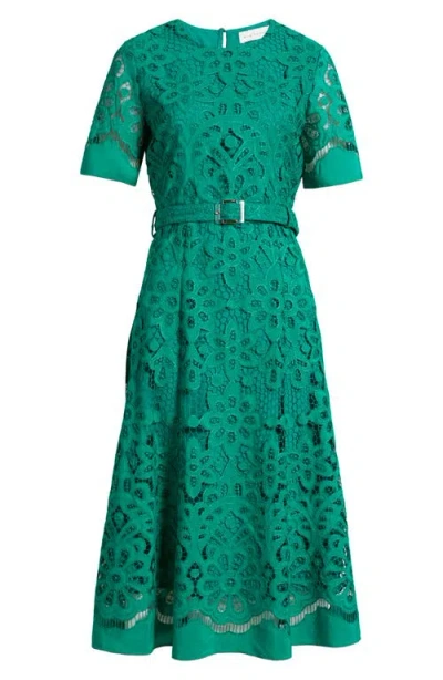 Elie Tahari The Gaia Belted Lace Midi Dress