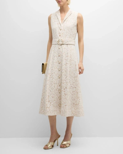 Elie Tahari The Hailee Belted Floral Lace Midi Shirtdress In Ivory Lace