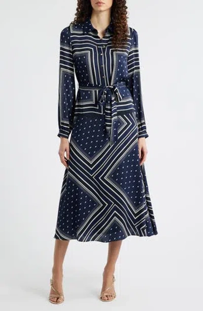 Elie Tahari The Hollie Diamond Rain Print Long Sleeve Silk Blend Midi Shirtdress In Multi