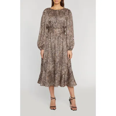 ELIE TAHARI ELIE TAHARI THE JADA LEOPARD PRINT LONG SLEEVE MIDI DRESS