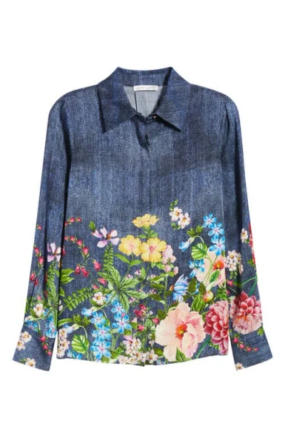 Elie Tahari The Johanna Garden Denim Silk Blend Shirt In Blue