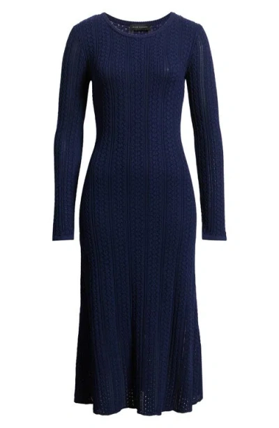 Elie Tahari The Julietta Long Sleeve Pointelle Midi Sweater Dress In Blue