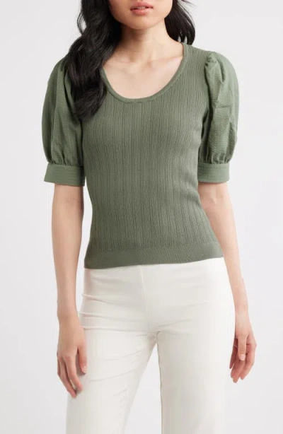 Elie Tahari The Kaeta Mixed Media Puff Sleeve Sweater In Green