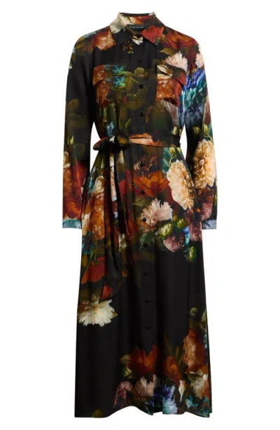 Elie Tahari The Kataleya Floral Long Sleeve Stretch Silk Midi Shirtdress In Multi