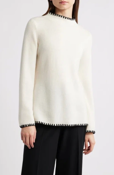 Elie Tahari The Loren Blanket Stitch Cashmere Funnel Neck Sweater In White