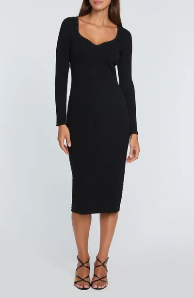 Elie Tahari The Maddie Metallic Whipstitch Detail Long Sleeve Midi Sweater Dress In Noir