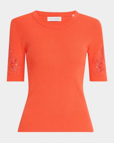 Elie Tahari The Magnolia Ribbed Lace-inset Sweater In Orange