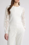 Elie Tahari The Margaret Lace Sleeve Knit Top In Sky White