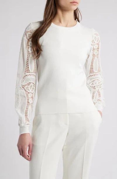 Elie Tahari The Margaret Lace Sleeve Knit Top In Sky White