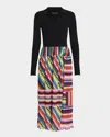 Elie Tahari The Mave Pleated Mixed Media Midi Dress In Noir W/ Venus Stripe Print Skirt