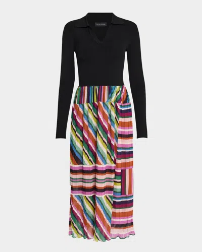 Elie Tahari The Mave Pleated Mixed Media Midi Dress In Noir With Venus Stripe