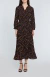 Elie Tahari The Mila Chain Print Pleated Long Sleeve Stretch Silk Midi Dress In Black