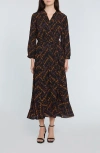 Elie Tahari The Mila Chain Print Pleated Long Sleeve Stretch Silk Midi Dress In Black