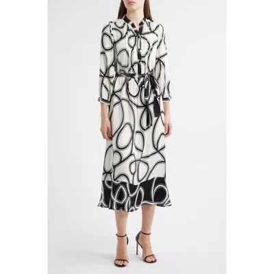 Elie Tahari The Mila Dotted Scroll Print Long Sleeve Silk Blend Midi Shirtdress In White