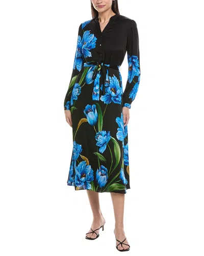 Elie Tahari The Mila Placed Floral Long Sleeve Silk Blend Midi Dress In Multi