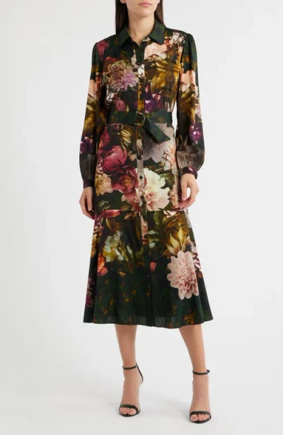 Elie Tahari The Mila Floral Print Long Sleeve Shirtdress In Black