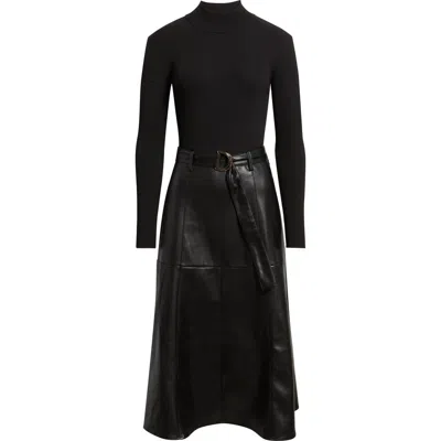 Elie Tahari The Miranda Long Sleeve Mixed Media Faux Leather Midi Dress In Black