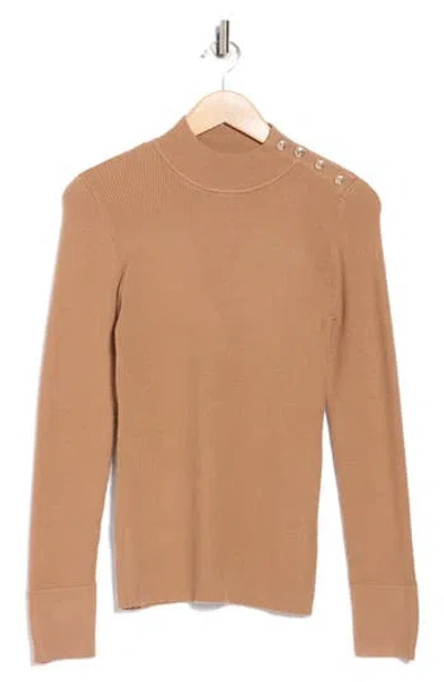 Elie Tahari The Naya Button Shoulder Rib Sweater In Brown