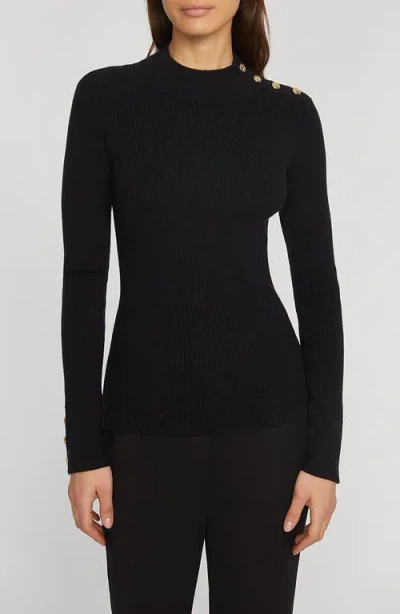 Elie Tahari The Naya Button Shoulder Rib Sweater In Black