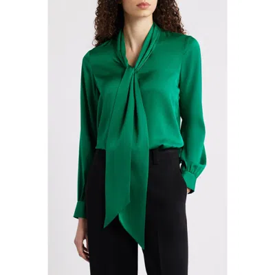 Elie Tahari The Nicoletta Tie Neck Silk Stretch Satin Button-up Shirt In Green